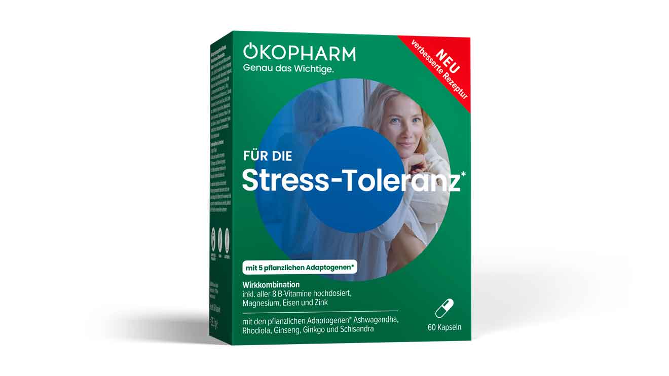 Die neu verbesserte Rezeptur der ÖKOPHARM® Für die Stress-Toleranz*-Kapseln mit pflanzlichen Adaptogenen wie Ashwagandha, Rhodiola und Schisandra unterstützt den Organismus dabei, tagsüber mit Stress besser umzugehen. - Sanova Pharma