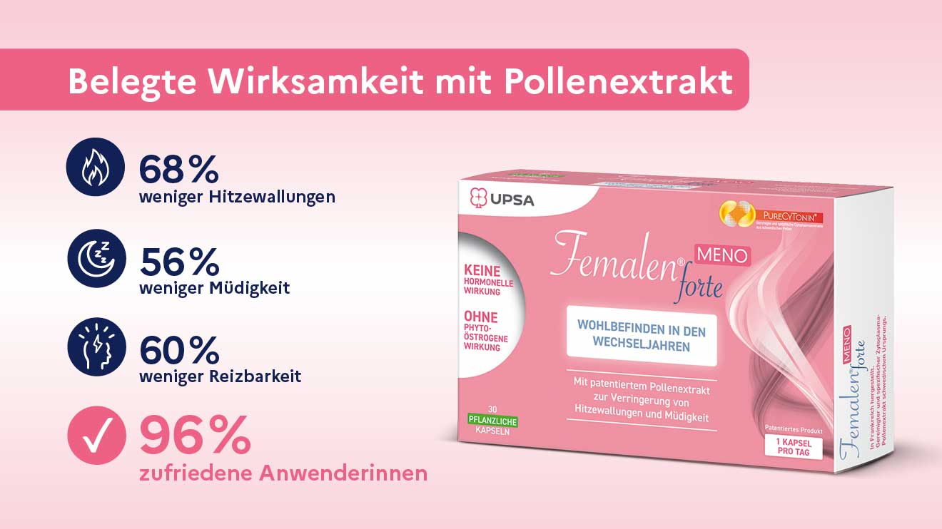 Neben der Hormonersatztherapie rücken zunehmend hormonfreie Alternativen in den Fokus. Gereinigte Pollenextrakte wie in Femalen® forte MENO gelten als gut untersuchte Option.  - Schmidgall
